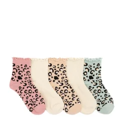 Leopard Print Lettuce Welt Quarter Socks 5 Pack - Little Kid - Multicolor