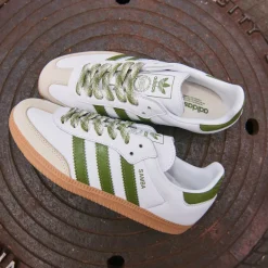 Womens adidas Samba OG Athletic Shoe - White / Tech Olive / Gum