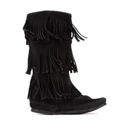 Womens Minnetonka 3-Layer Fringe Boot - Black
