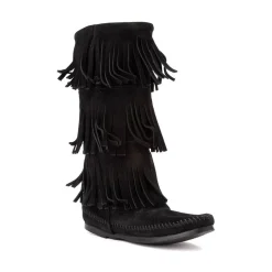Womens Minnetonka 3-Layer Fringe Boot - Black